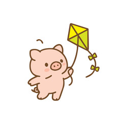 Playful Piglet Flying a Kite in a Whimsical Scene