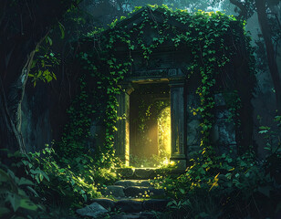 Ancient overgrown stone doorway in a lush green jungle.