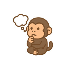 Monkey pondering with thought bubble, cute cartoon illustration