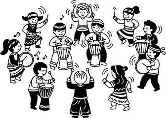 Joyful drum circle dance with children in cultural attire for celebration and artistic inspiration