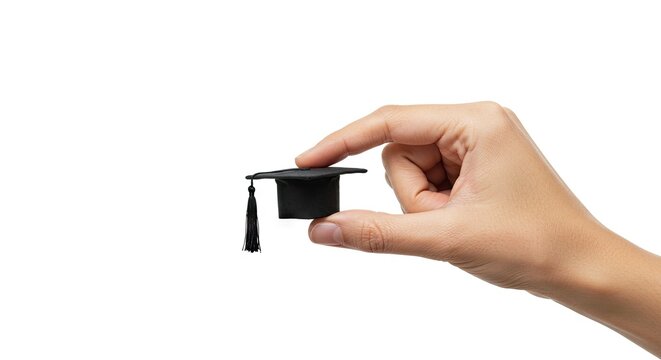 Hand holding a miniature black graduation cap with tassel against a white background