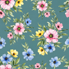 Obraz premium Watercolor floral and leaf pattern of hand-painted wildflowers and sprawling leaves,created for wallpaper and fabric, illuminated with diffused