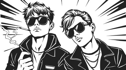 Two stylish men in sunglasses, posing with a cigarette, in a comic style. © nevermind