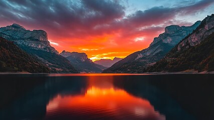 Breathtaking sunset casts orange and red hues across sky with reflection on tranquil mountain lake surrounded by towering peaks and lush forests for nature travel relaxation concept - Powered by Adobe