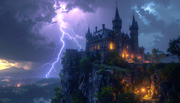Mysterious Castle on Cliff During Lightning Storm.