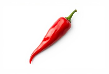 A single vibrant red chili pepper, glossy and smooth, sits against a stark white background,  culinary,  heat