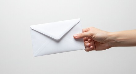 Fototapeta premium A white envelope held by a fairskinned hand against a white background