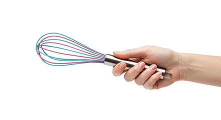 A hand grips a metal whisk with pink  blue wires isolated on a white background