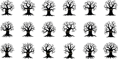 Collection of spooky trees with eyes for halloween designs, offering a variety of eerie and whimsical tree silhouettes