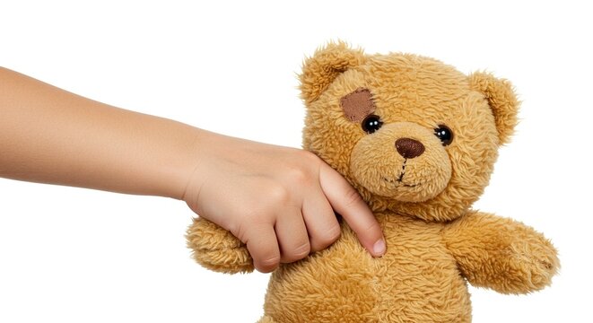 A childs hand gently grabs a brown teddy bear with a patch over its eye against a white backdrop
