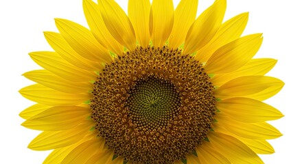 Obraz premium A closeup of a sunflowers head showcasing its yellow petals and brown center set against a white backdrop