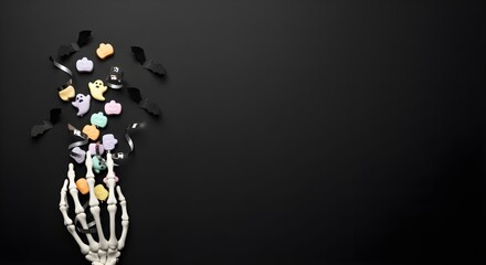 Fototapeta premium Spooky Sweet Skeleton Hand Halloween Flat-Lay