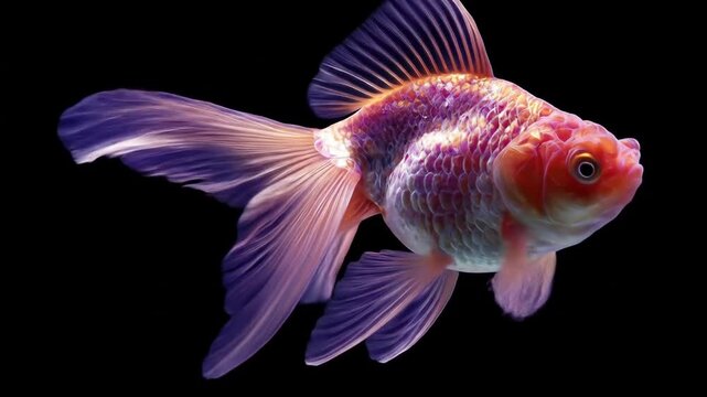 Close up of colorful goldfish with flowing fins against black background