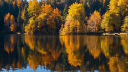 Golden Autumn Forest Reflections on Tranquil Lake
