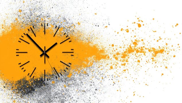 A vibrant orange clock face, accentuated by black numerals and hands, is surrounded by spattering of gray and orange, creating a dynamic, artistic design.