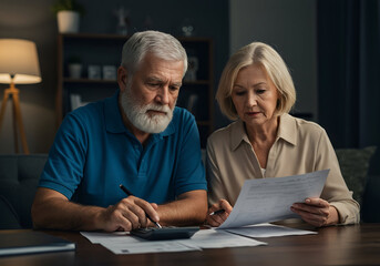 Senior couple manages household finances, reviewing documents and using a calculator, focused on planning and ensuring a stable financial future together during retirement.