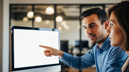 Two diverse business colleagues collaborating and pointing at a computer screen in a modern office setting