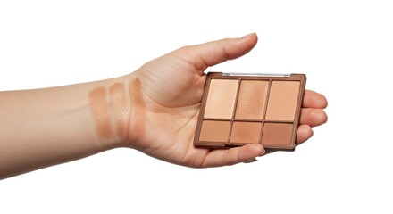 A hand holds a palette of six neutraltoned makeup powders with swatches visible on the arm