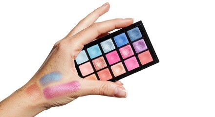 A hand holds a palette of colorful eye shadows with matching swatches on the skin