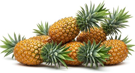 Six pineapples are clustered showcasing their scaly exteriors and spiky green crowns