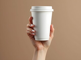 Mockup of woman hand holding up a Coffee paper cup isolated on grey background. Front view