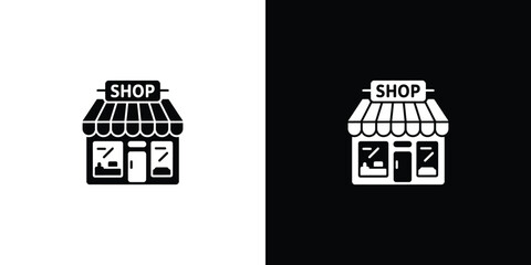 Naklejka premium Shop Icon in Black and White Storefront with Awning, Door, and Display Window