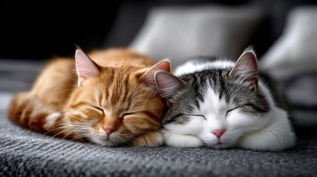 Two Cats Sleeping in Cinematic HDR Photography with Gray Background - Powered by Adobe