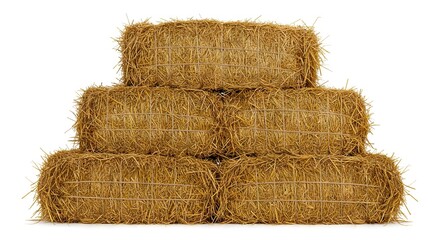 Stack of five rectangular compressed straw bales bound with twine arranged in a pyramidal shape