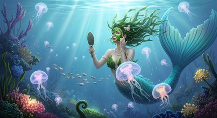 A mermaid with a green face mask holding a mirror underwater surrounded by jellyfish and coral reefs