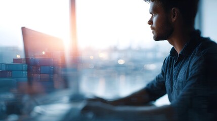 A focused professional monitors logistics and shipping ope ns on a computer screen with a port in the background