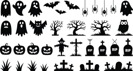 Halloween vector, spooky ghosts, scary pumpkins, flying bats, spider silhouettes, graveyard, RIP tombstones, haunted trees, scarecrow, owl, grass, Halloween night illustration