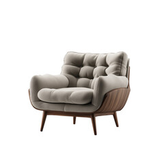 Fototapeta premium Plush tufted lounge chair, boucle upholstery, curved wooden shell, mid century modern armchair, cozy living room seating