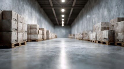 An empty industrial warehouse aisle with rows of stacked cardboard boxes on pallets illuminated by overhead lighting
