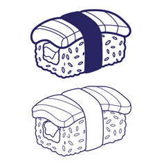 Hand drawn outline illustration of two salmon nigiri sushi pieces against a white background