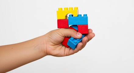 A hand holds a stack of yellow red and blue building blocks against a white background