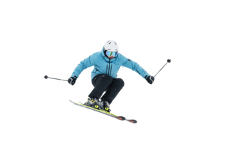 Skier Jumping and Performing Trick Isolated on White Background
