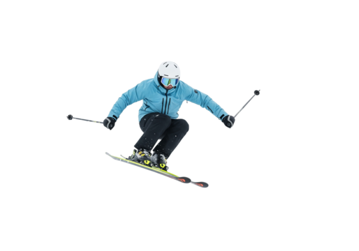 Skier Jumping and Performing Trick Isolated on White Background
