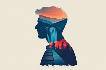 Serene Silhouette with Nature Landscape Overlay