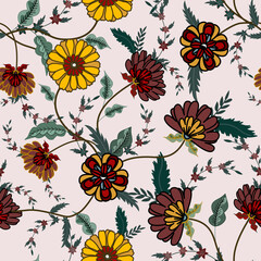 Floral seamless folk pattern, ethnic folklore flowers. Ethnic flowers, Jacobean traditional style on a white background. Classic indian motifs, trendy vector illustration