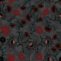 Floral seamless folk pattern, ethnic folklore flowers. Ethnic flowers, Jacobean traditional style on a white background. Classic indian motifs, trendy vector illustration