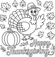 Thanksgiving coloring page, cartoon turkey, pilgrim hat, autumn leaves, pumpkin sketch, festive line art, holiday activity, seasonal illustration, black and white drawing, celebration design