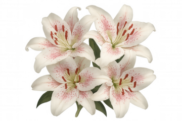 White lily flowers with pink and red spots blooming, creating a vibrant floral bouquet, transparent background