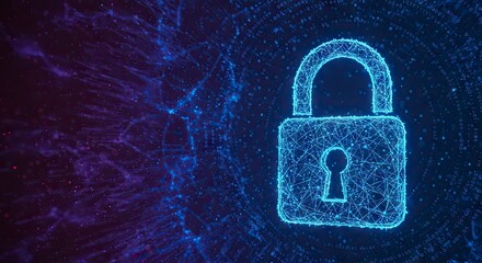 A luminous blue padlock constructed of connected points and lines floats against a dark digital background of binary and patterns