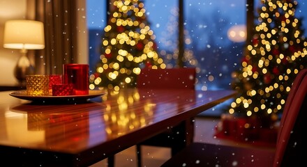 Obraz premium Cozy Christmas dining room scene with glowing tree lights and falling snow, creating a warm festive atmosphere