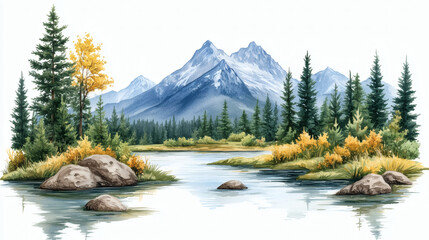 Mountain lake landscape watercolor style