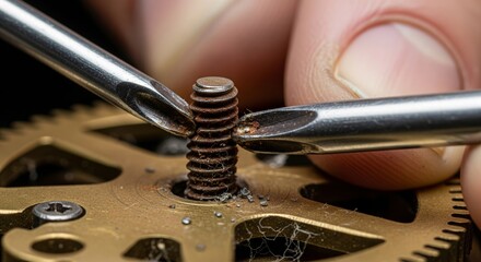 Close-Up of Rusted Gear Mechanism Being Repaired with Screwdrivers