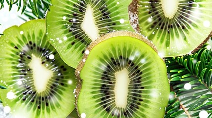 Fresh Green Kiwi Fruit Slices with Sparkling Effect and Tropical Leaves in Bright Lighting