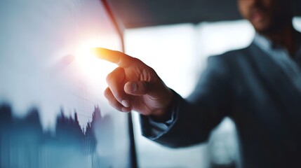 A business professional points to a dynamic financial data graph on a large digital screen during a presentation