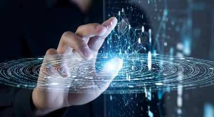 Abstract futuristic network connection touching a glowing digital interface with a human hand