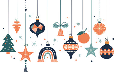 Fototapeta premium Flat Design Christmas and Winter Holiday Vector Ornaments, SEO Optimized Illustration Set for Modern Decoration, New Year, Pine Tree, Star, Rainbow, and Seasonal Celebration Background.